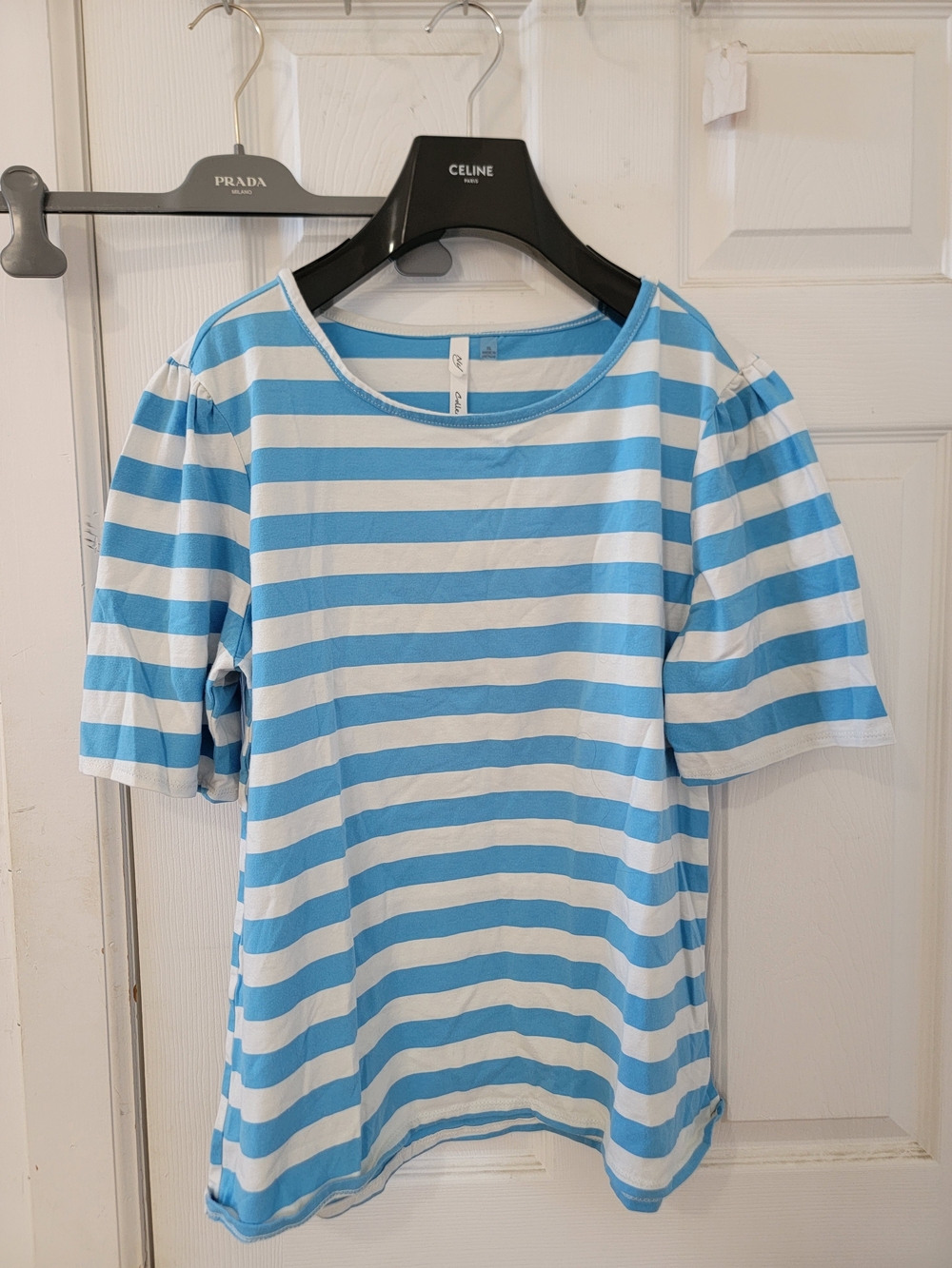 Ny Collection Striped Puff-Sleeve Tee - Blue & White